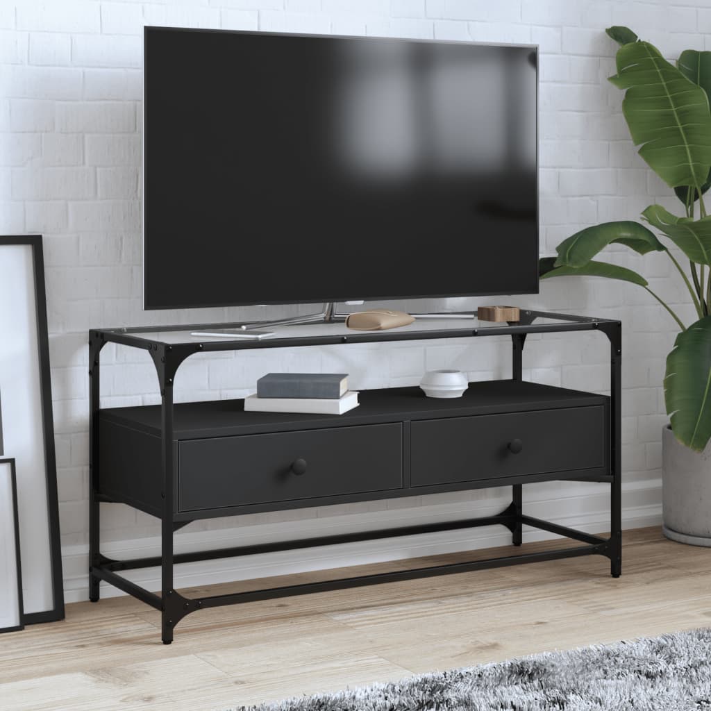 Dulap TV blat sticlă, negru, 98x35x51 cm lemn prelucrat