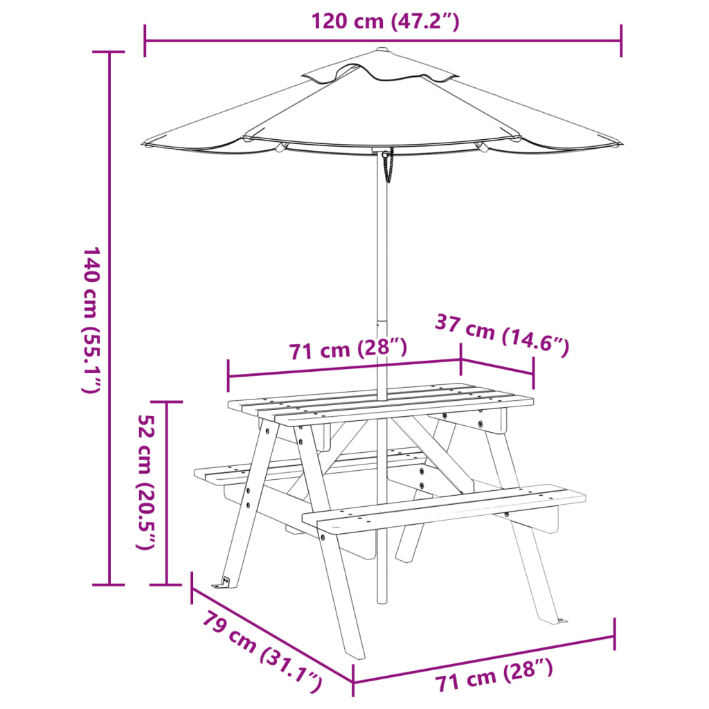 Masă de picnic pentru 4 copii, cu umbrelă, lemn masiv brad