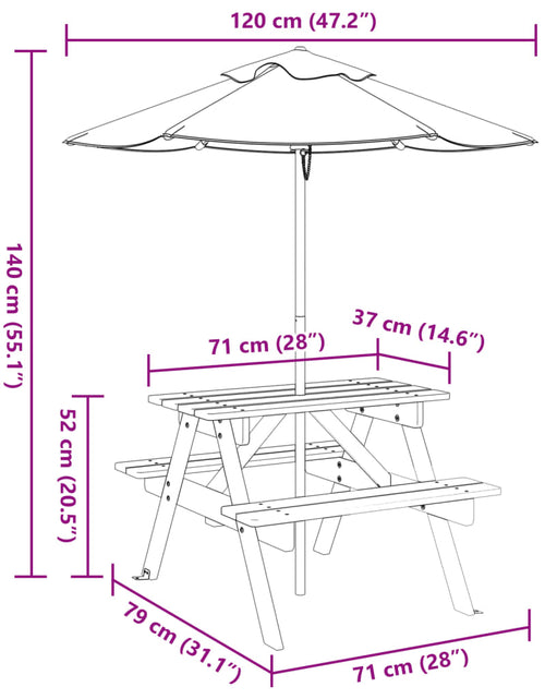 Загрузите изображение в средство просмотра галереи, Masă de picnic pentru 4 copii, cu umbrelă, lemn masiv brad
