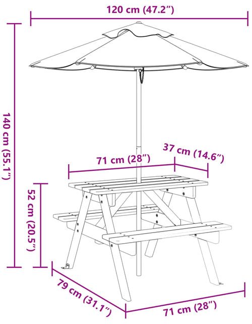 Încărcați imaginea în vizualizatorul Galerie, Masă de picnic pentru 4 copii, cu umbrelă, lemn masiv brad
