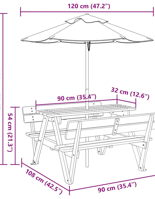 Încărcați imaginea în vizualizatorul Galerie, Masă de picnic pentru 4 copii, cu umbrelă, lemn masiv brad
