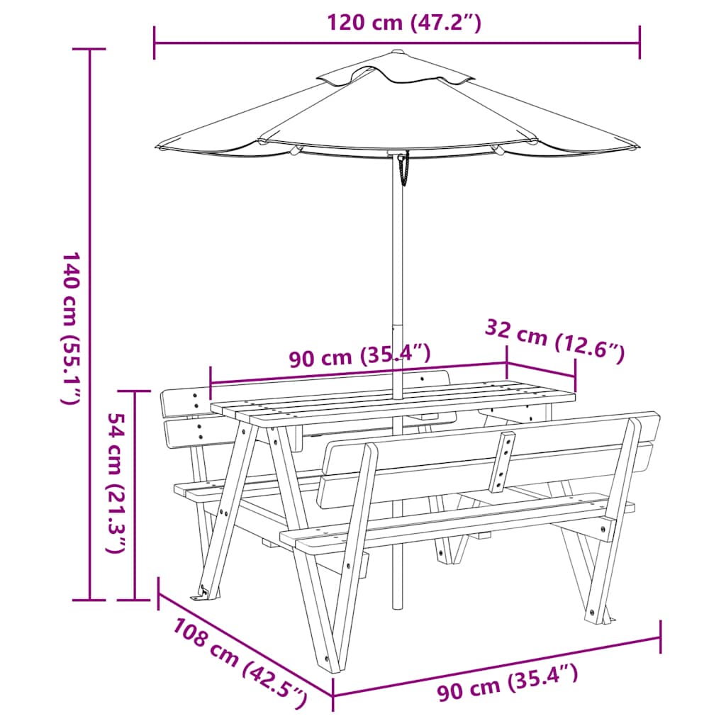 Masă de picnic pentru 4 copii, cu umbrelă, lemn masiv brad