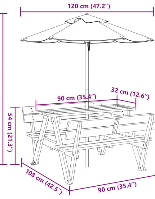 Загрузите изображение в средство просмотра галереи, Masă de picnic pentru 4 copii, cu umbrelă, lemn masiv brad
