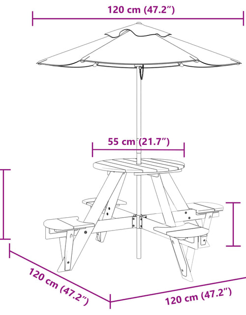 Încărcați imaginea în vizualizatorul Galerie, Masă picnic pentru 4 copii cu umbrelă, rotundă, lemn masiv brad
