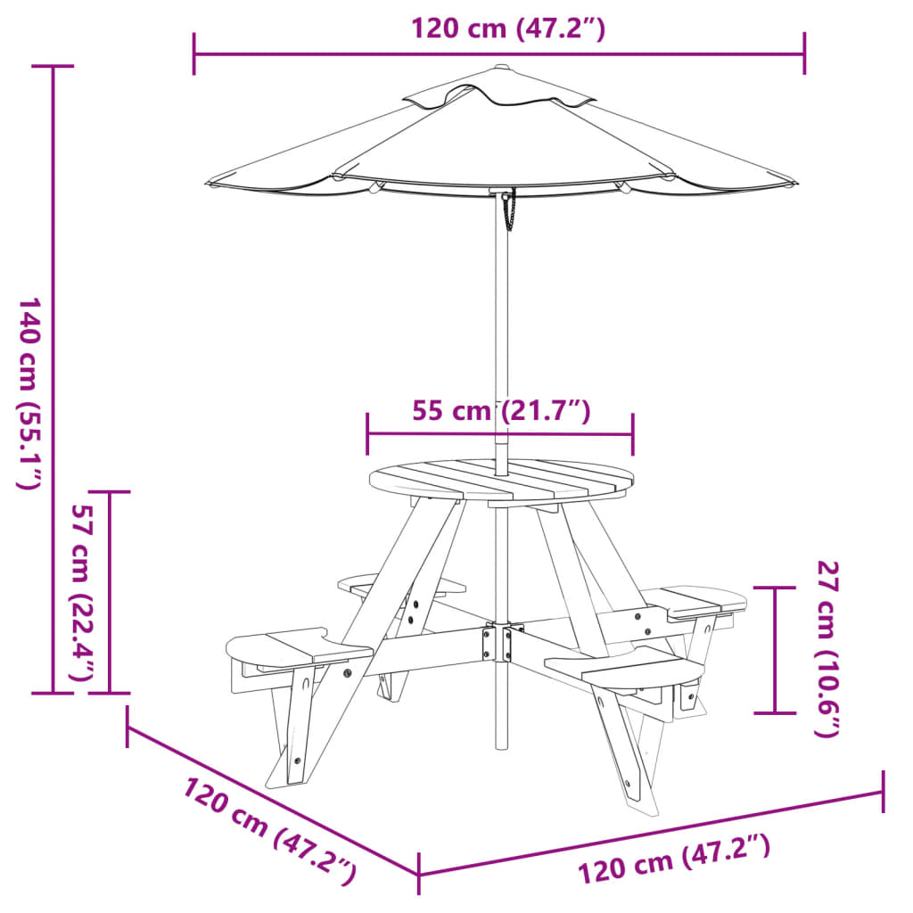 Masă picnic pentru 4 copii cu umbrelă, rotundă, lemn masiv brad