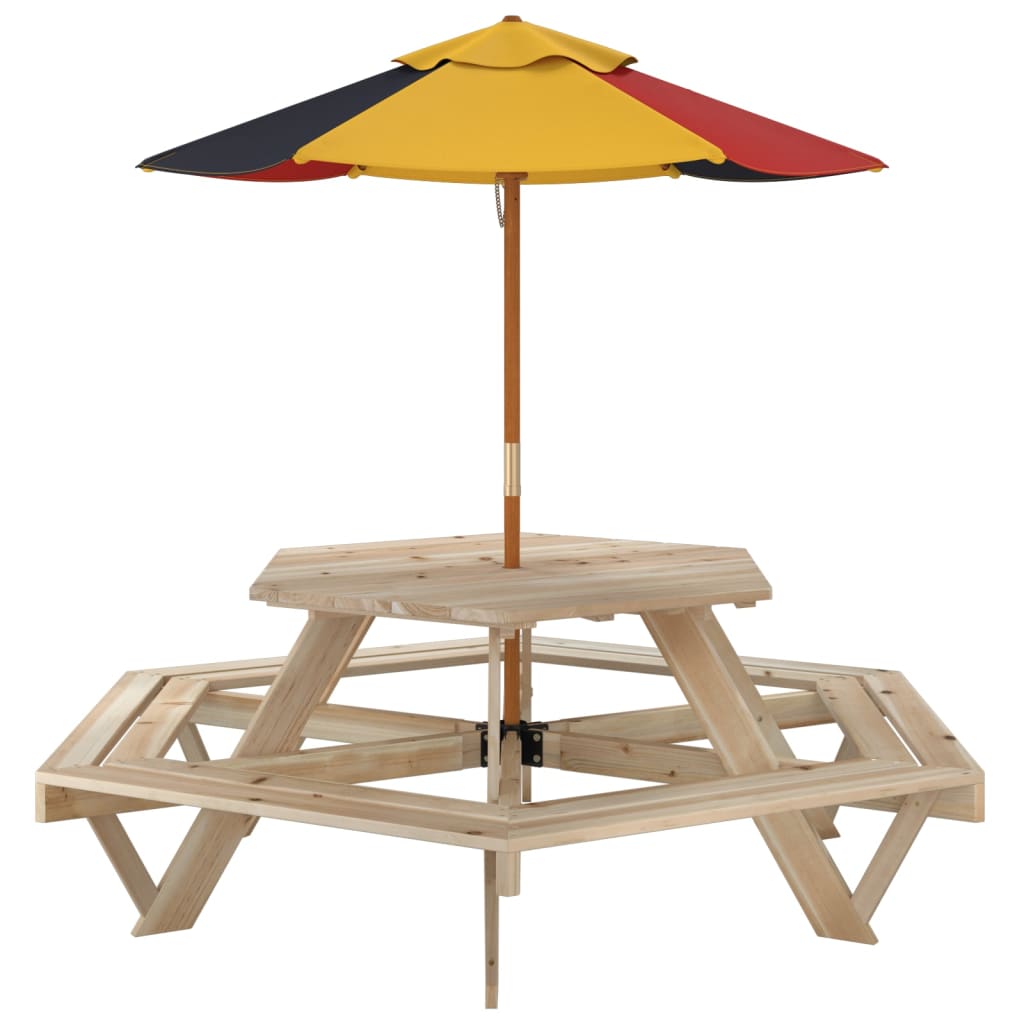 Masă picnic pentru 6 copii cu umbrelă, hexagon, lemn masiv brad