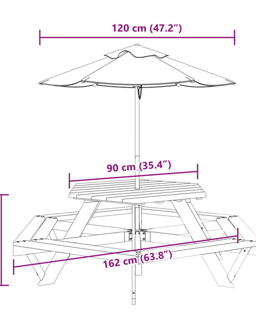 Încărcați imaginea în vizualizatorul Galerie, Masă picnic pentru 6 copii cu umbrelă, hexagon, lemn masiv brad
