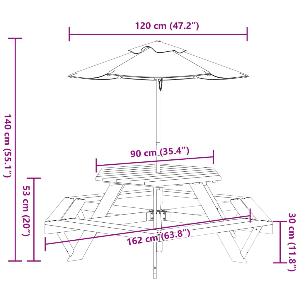 Masă picnic pentru 6 copii cu umbrelă, hexagon, lemn masiv brad