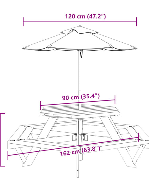 Încărcați imaginea în vizualizatorul Galerie, Masă picnic pentru 6 copii cu umbrelă, hexagon, lemn masiv brad
