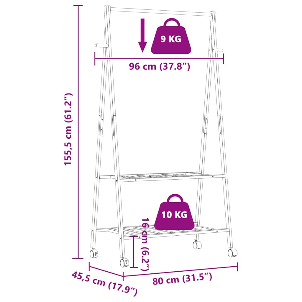 Suport pentru haine cu rafturi și roți 96x45,5x155,5 cm bambus