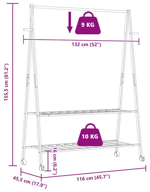 Încărcați imaginea în vizualizatorul Galerie, Suport pentru haine cu rafturi și roți 132x45,5x155,5 cm bambus
