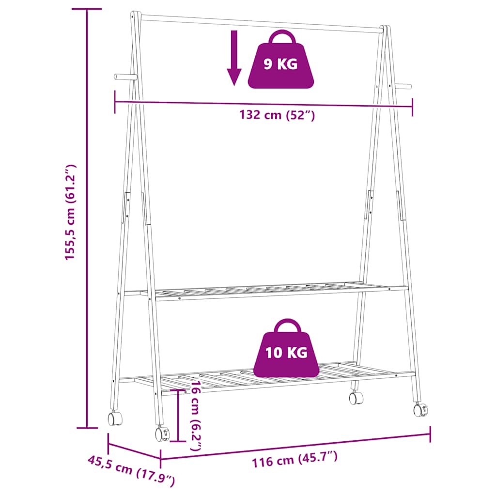 Suport pentru haine cu rafturi și roți 132x45,5x155,5 cm bambus