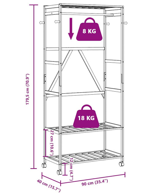 Încărcați imaginea în vizualizatorul Galerie, Suport pentru haine cu rafturi și roți 90x40x179,5 cm bambus
