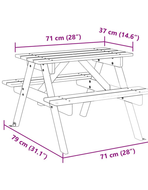 Încărcați imaginea în vizualizatorul Galerie, Masă picnic pentru 4 copii, orificiu umbrelă, lemn masiv brad
