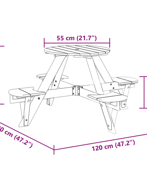Încărcați imaginea în vizualizatorul Galerie, Masă picnic 4 copii, orificiu umbrelă, lemn masiv brad, rotundă
