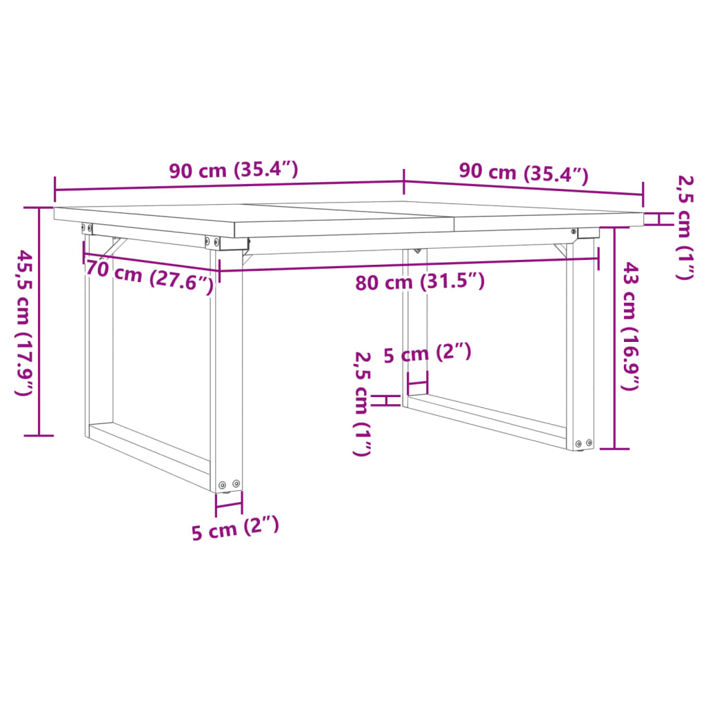 Masă de cafea, cadru O, 90x90x45,5 cm, lemn masiv pin și fontă