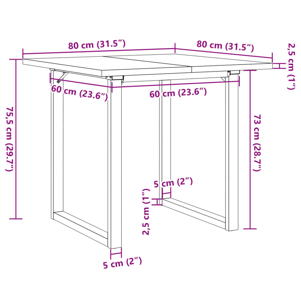 Masă bucătărie, cadru O, 80x80x75,5 cm lemn masiv pin și fontă