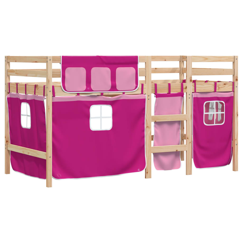 Pat etajat de copii cu perdele, roz, 80x200 cm, lemn masiv pin