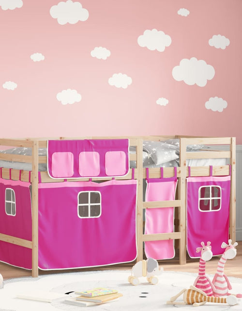 Încărcați imaginea în vizualizatorul Galerie, Pat etajat de copii cu perdele, roz, 80x200 cm, lemn masiv pin
