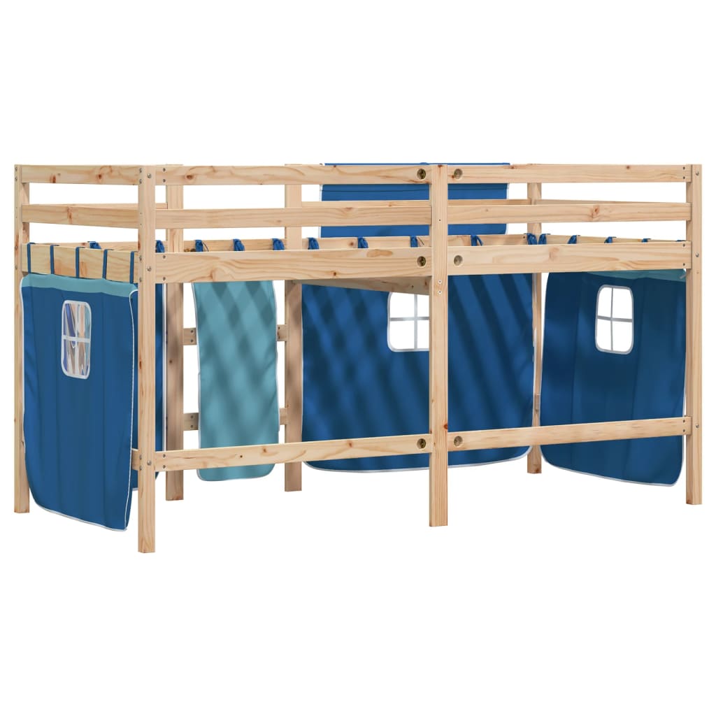 Pat etajat de copii cu perdele, blå, 90x200 cm, lemn masiv pin