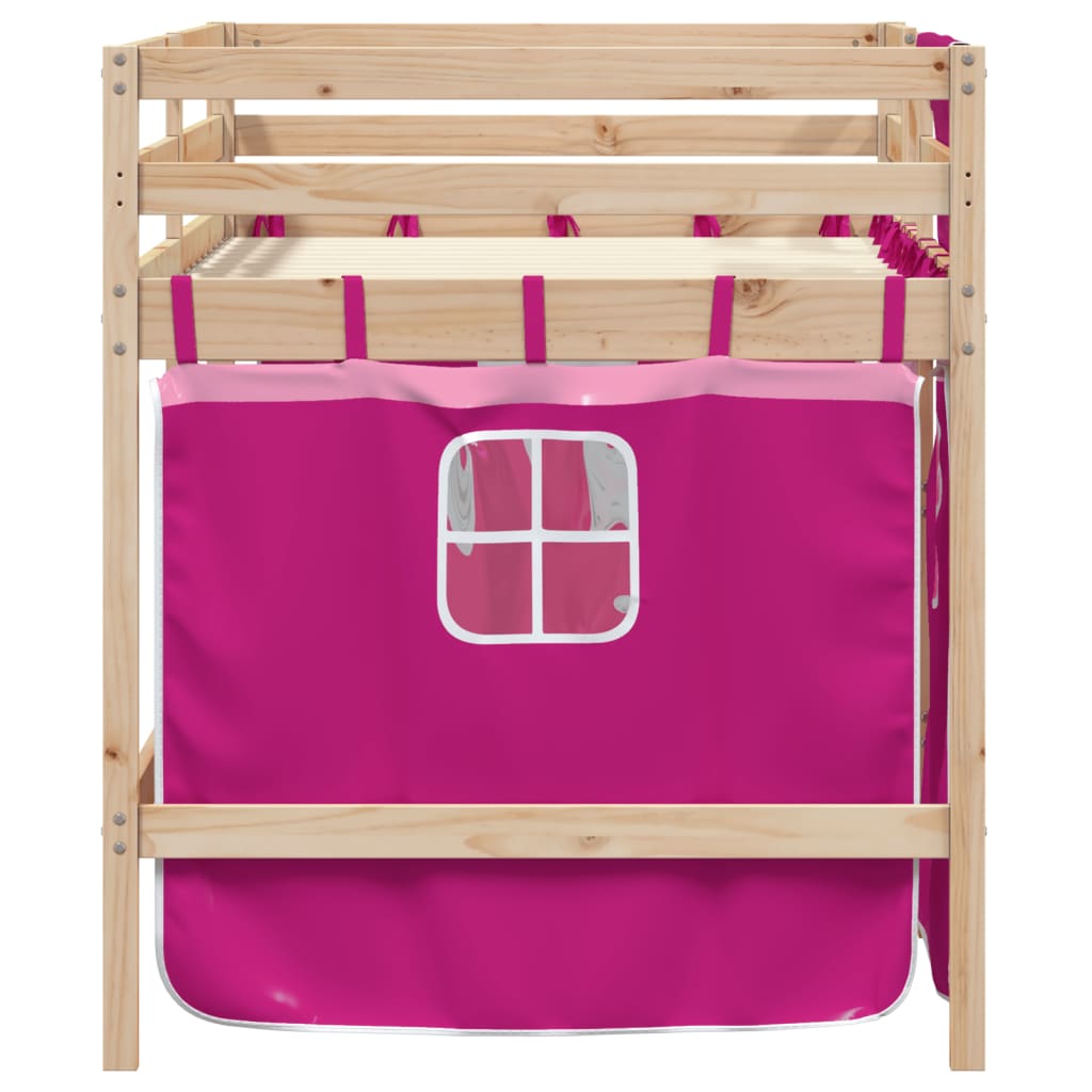 Pat etajat de copii cu perdele, roz, 90x200 cm, lemn masiv pin