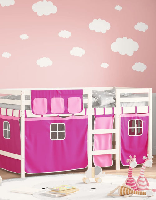 Încărcați imaginea în vizualizatorul Galerie, Pat etajat de copii cu perdele, roz, 90x200 cm, lemn masiv pin
