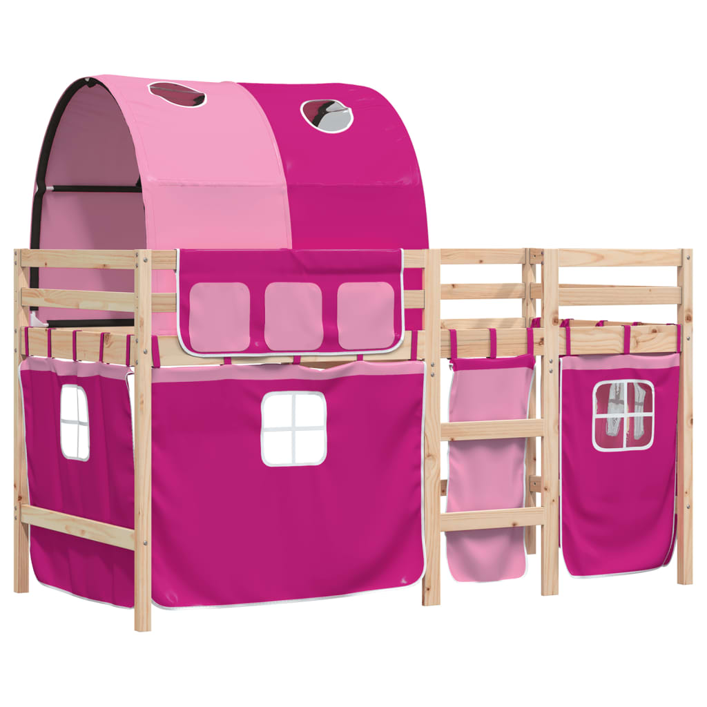 Pat etajat de copii cu tunel, roz, 90x190 cm, lemn masiv pin