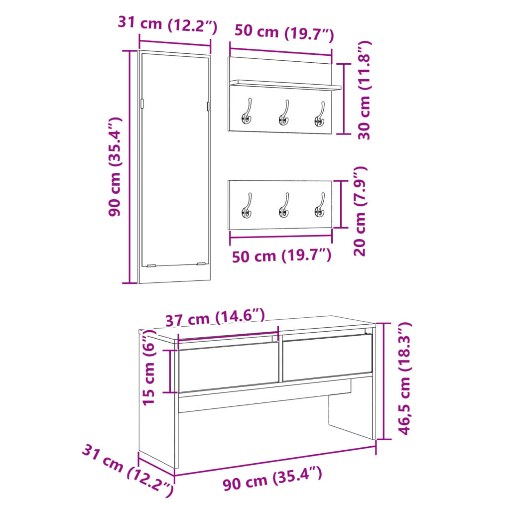 Set mobilier pentru hol, 4 piese, stejar sonoma, lemn prelucrat