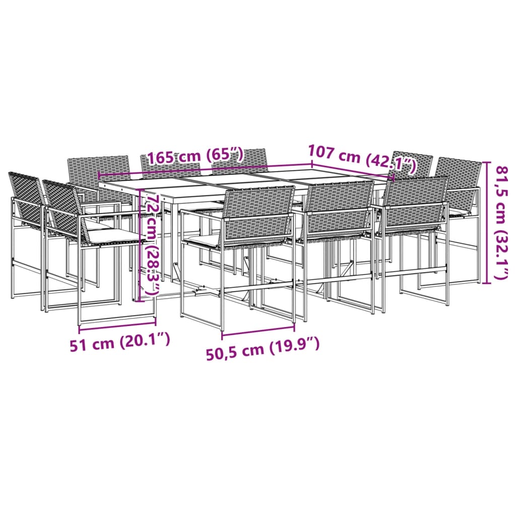 Set mobilier de exterior cu perne, 11 piese, negru, poliratan