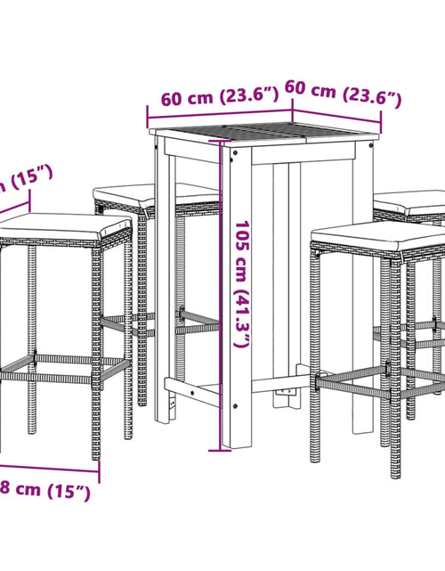 Încărcați imaginea în vizualizatorul Galerie, Set bar de grădină, 5 piese, gri, lemn masiv acacia/ poliratan
