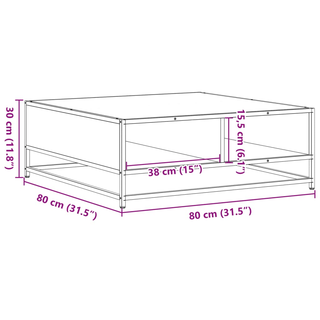 Măsuță de cafea stejar fumuriu 80x80x30 cm lemn prelucrat/metal