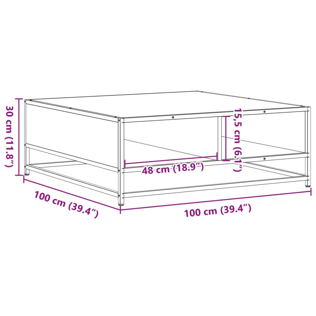 Măsuță de cafea gri sonoma, 100x100x30 cm, lemn prelucrat/metal