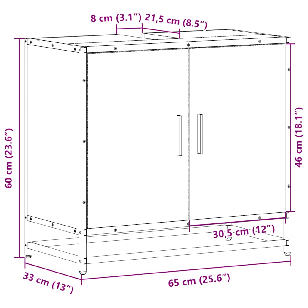 Dulap pentru chiuvetă de baie gri Sonoma 65x33x60 cm lemn