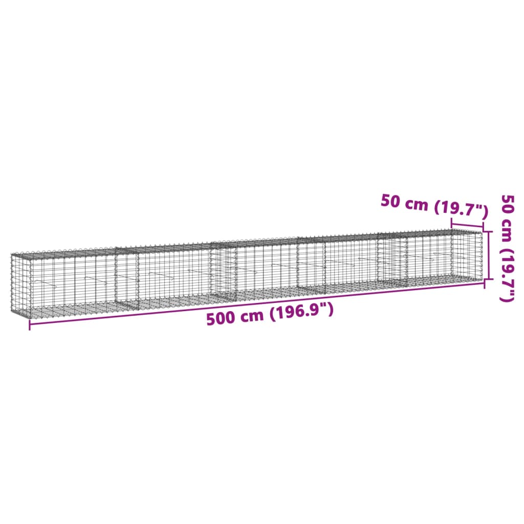 Coș gabion cu capac, argintiu, 500x50x50 cm, fier galvanizat