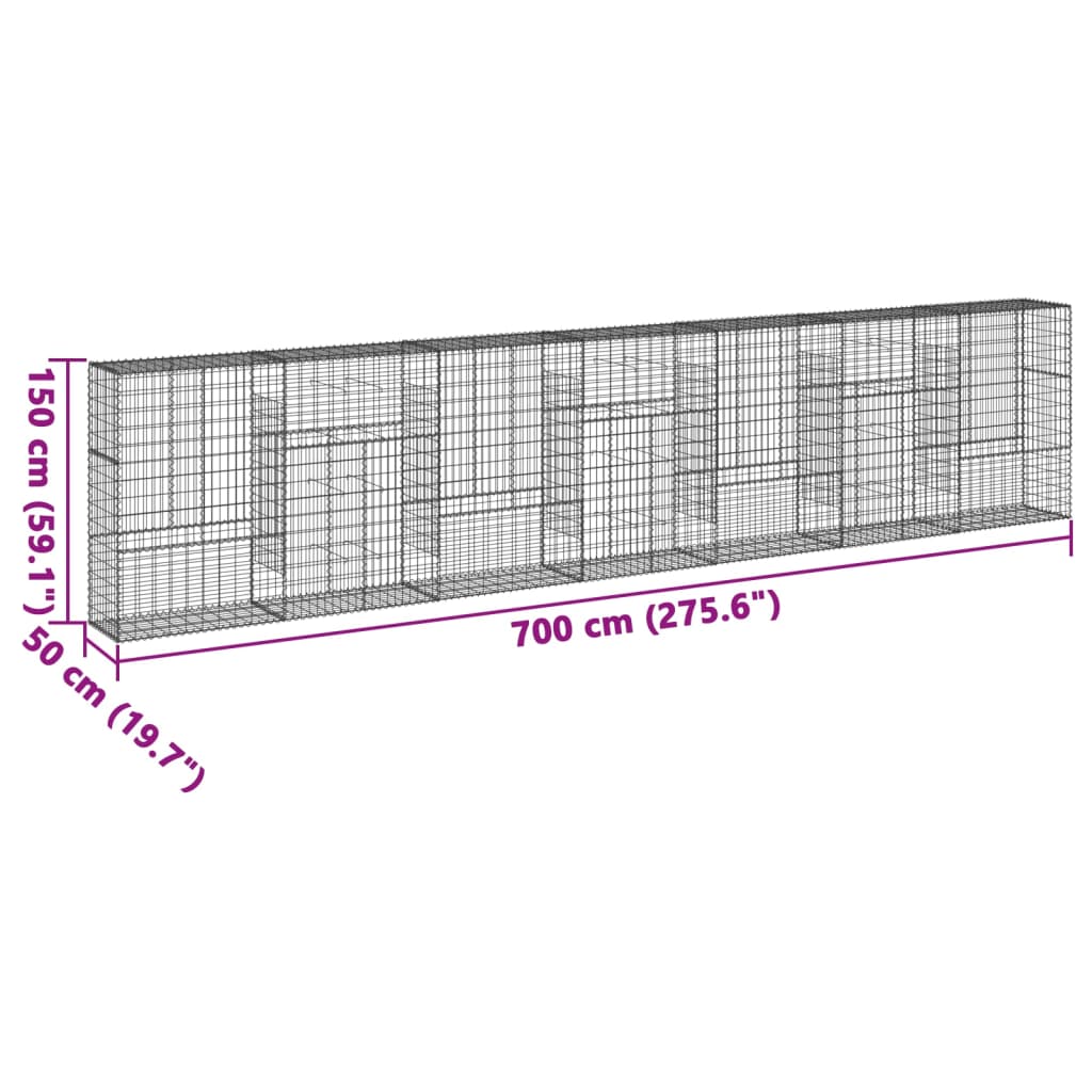 Coș gabion cu capac, 700x50x150 cm, fier galvanizat