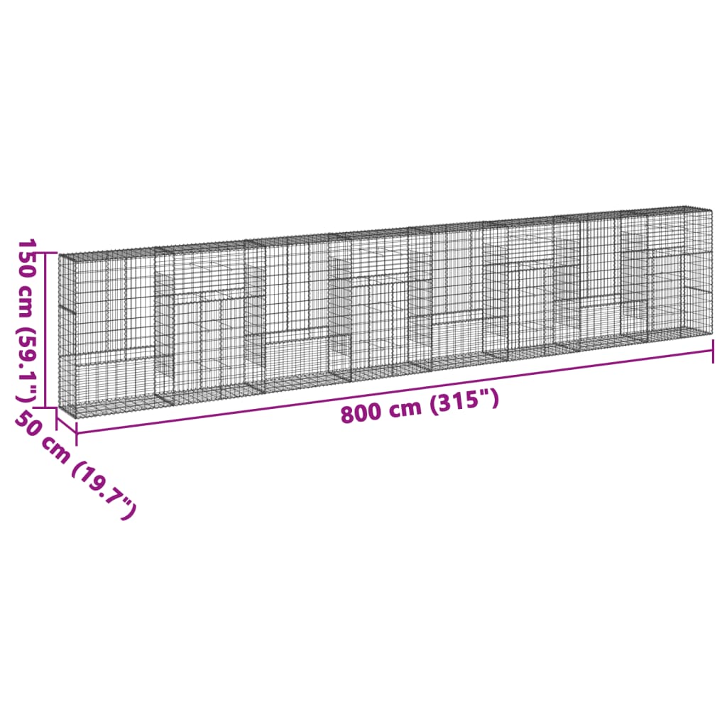 Coș gabion cu capac, 800x50x150 cm, fier galvanizat