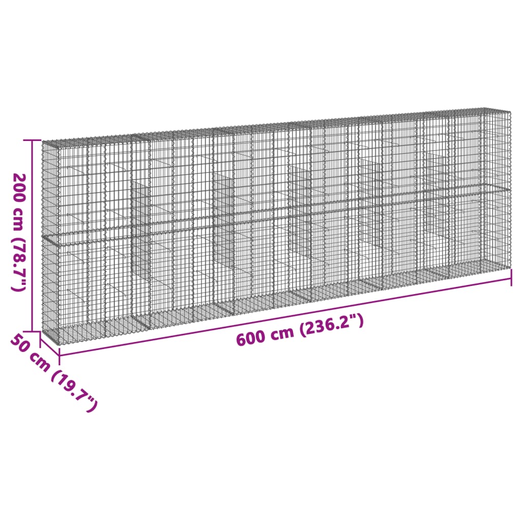 Coș gabion cu capac, 600x50x200 cm, fier galvanizat