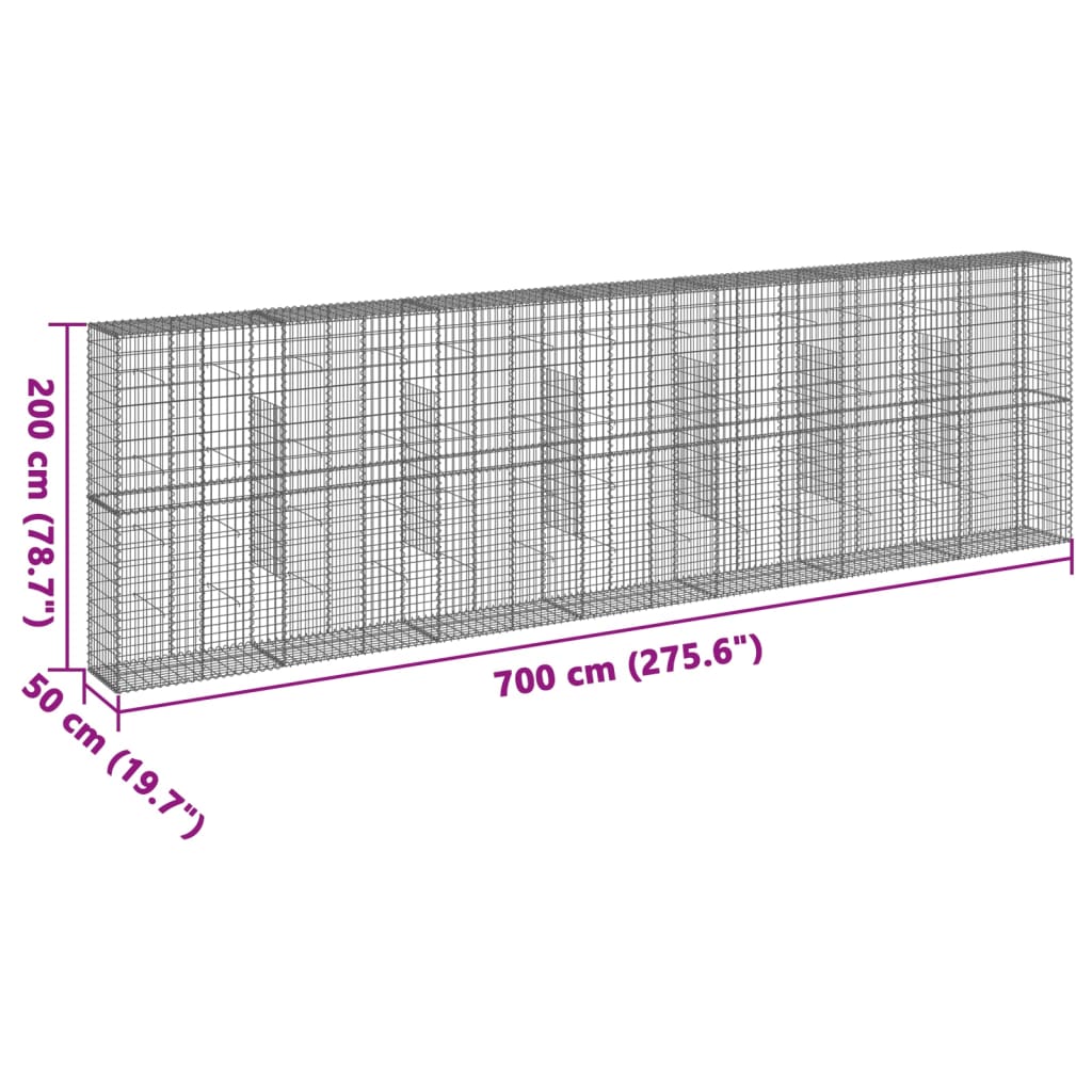 Coș gabion cu capac, 700x50x200 cm, fier galvanizat