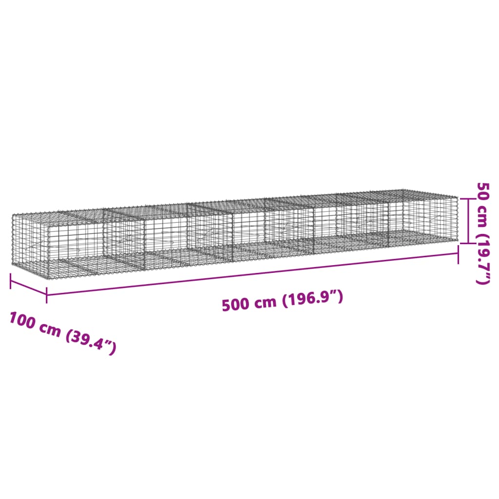 Coș gabion cu capac, 500x100x50 cm, fier galvanizat