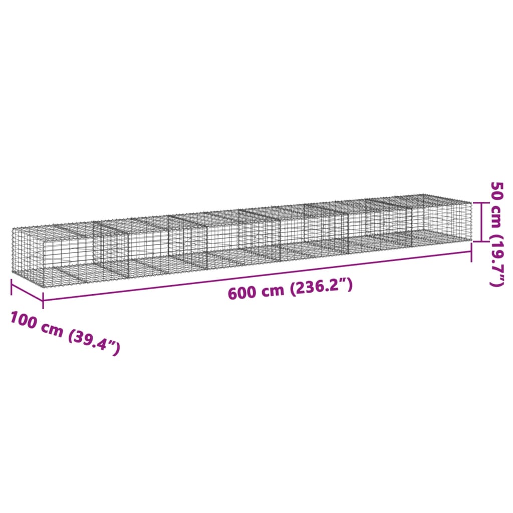 Coș gabion cu capac, 600x100x50 cm, fier galvanizat