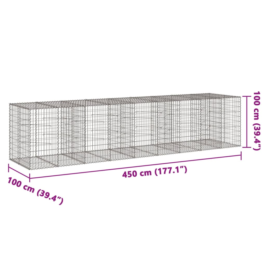 Coș gabion cu capac, 450x100x100 cm, fier galvanizat