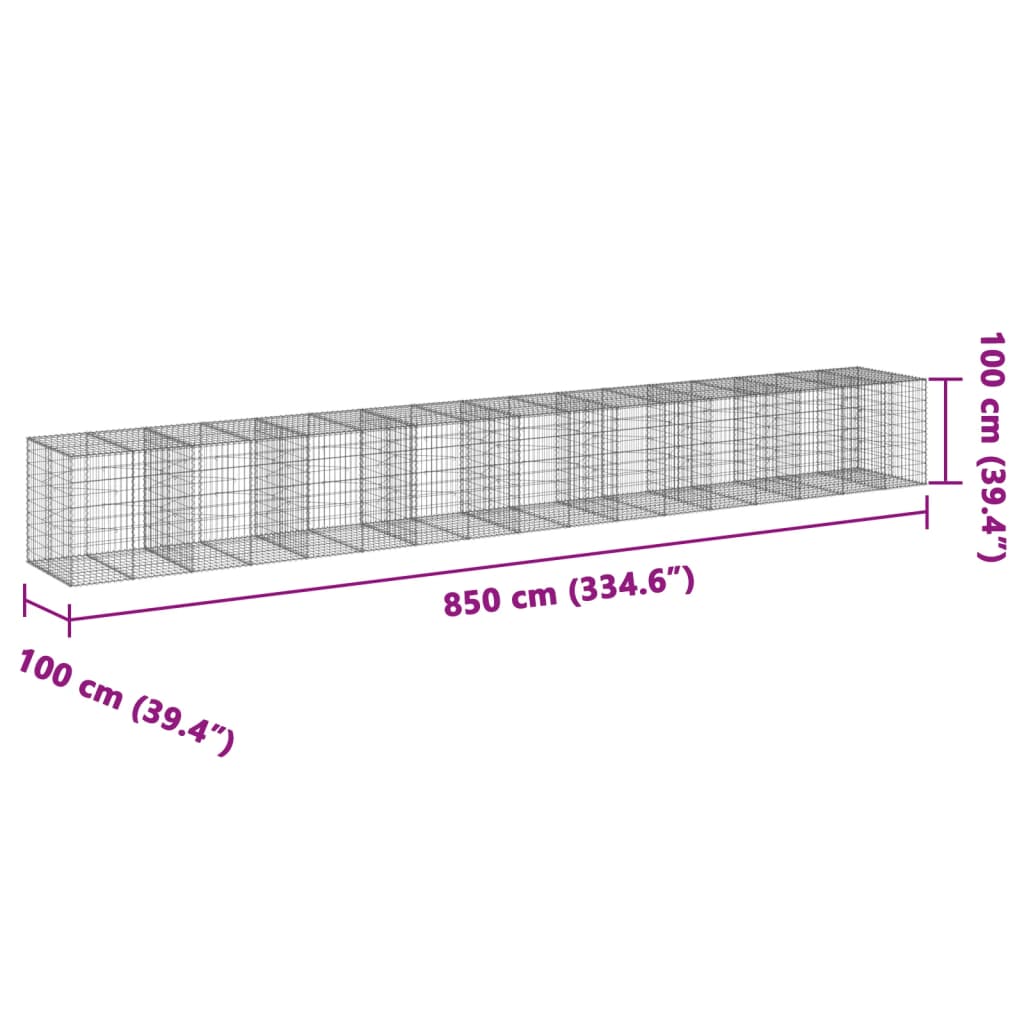 Coș gabion cu capac, 850x100x100 cm, fier galvanizat