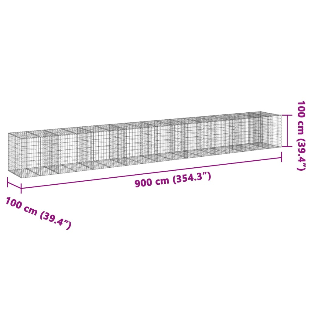 Coș gabion cu capac, 900x100x100 cm, fier galvanizat