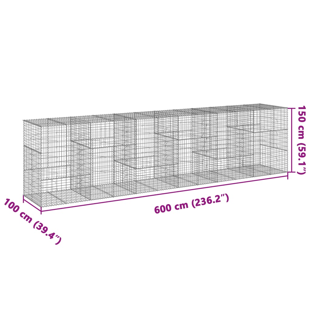 Coș gabion cu capac, 600x100x150 cm, fier galvanizat