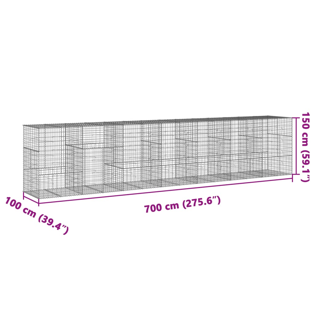 Coș gabion cu capac, 700x100x150 cm, fier galvanizat