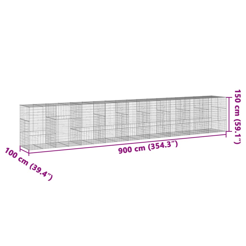 Coș gabion cu capac, 900x100x150 cm, fier galvanizat