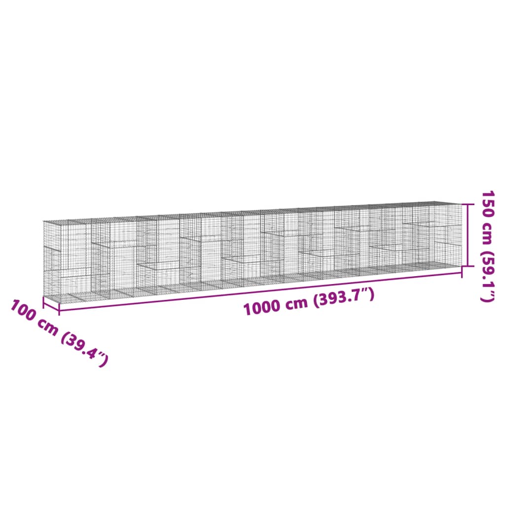 Coș gabion cu capac, 1000x100x150 cm, fier galvanizat