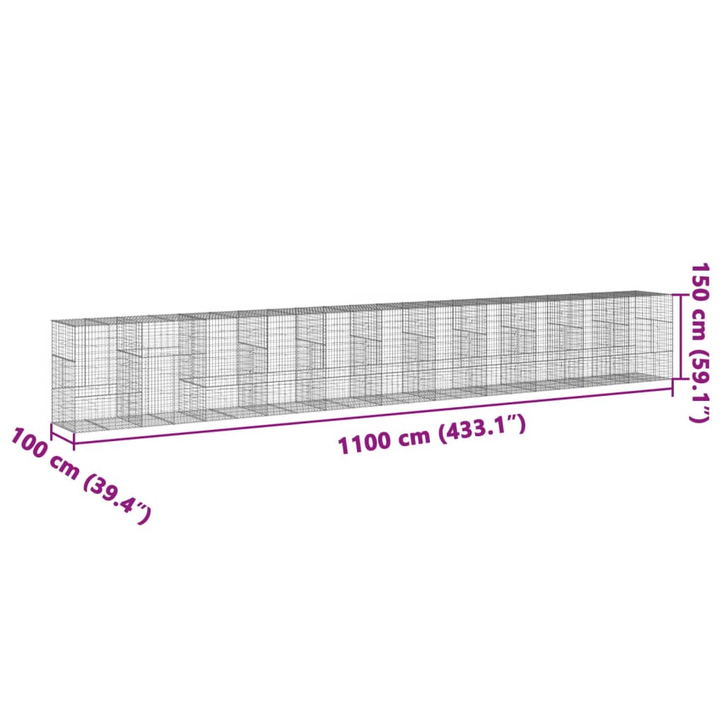 Coș gabion cu capac, 1100x100x150 cm, fier galvanizat