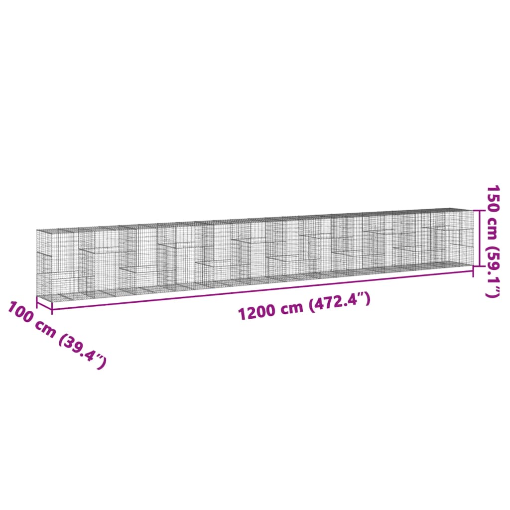 Coș gabion cu capac, 1200x100x150 cm, fier galvanizat