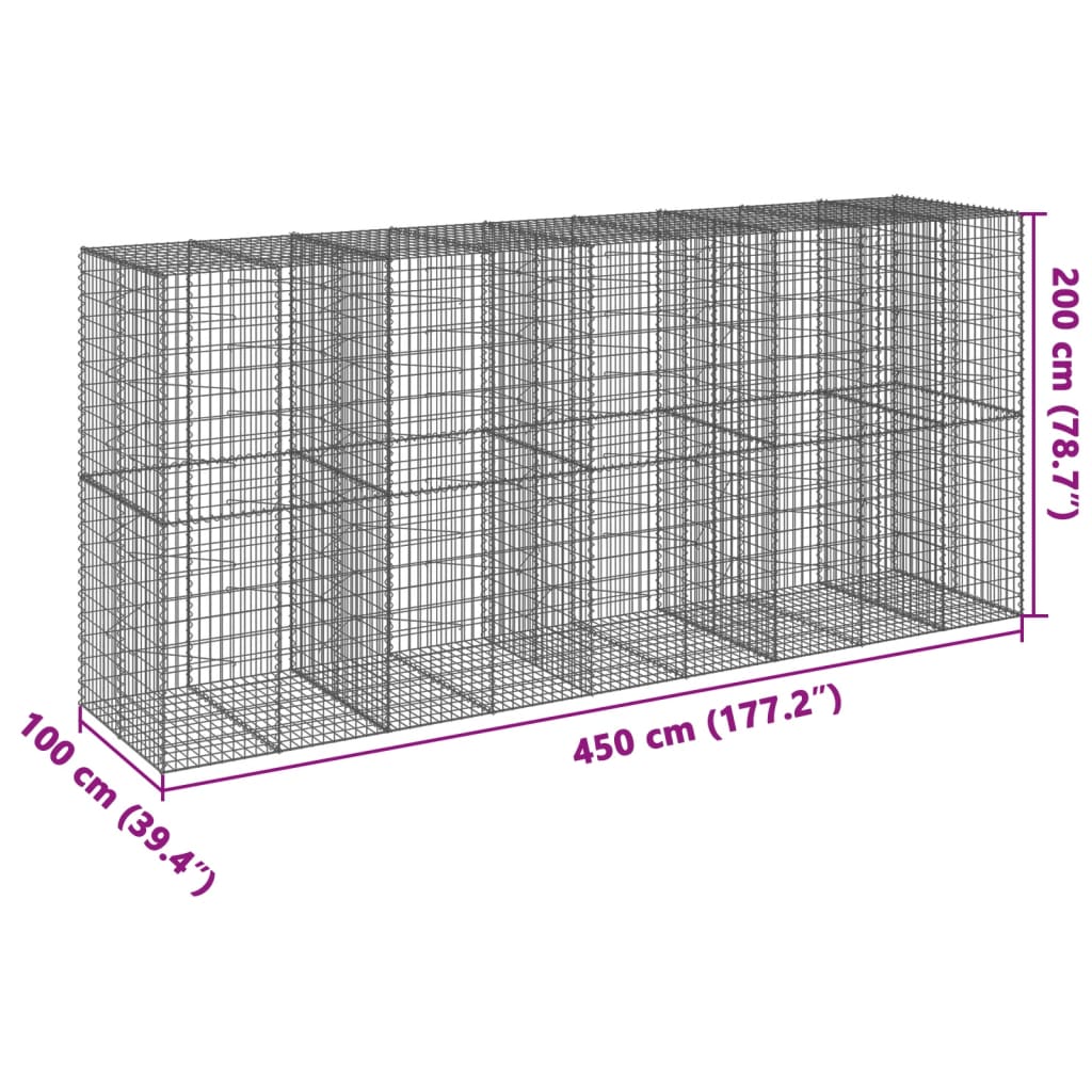 Coș gabion cu capac, 450x100x200 cm, fier galvanizat